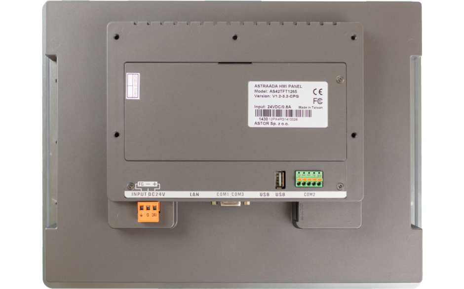 Dotykowy panel operatorski Astraada HMI, matryca TFT 12” (1024x768, 65k), RS232/422/485, RS422/485, RS232, USB Client/Host, Ethernet, MicroSD, -20~60C 3