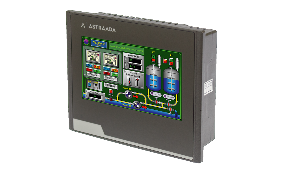 Dotykowy panel operatorski Astraada HMI, matryca TFT 4,3” (480x272, 65k), RS232/422/485, RS422/485, RS232, USB Client/Host, Ethernet, MicroSD 5