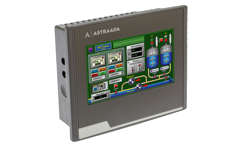 Dotykowy panel operatorski Astraada HMI, matryca TFT 4,3” (480x272, 65k), RS232/422/485, RS422/485, RS232, USB Client/Host, Ethernet, MicroSD 5