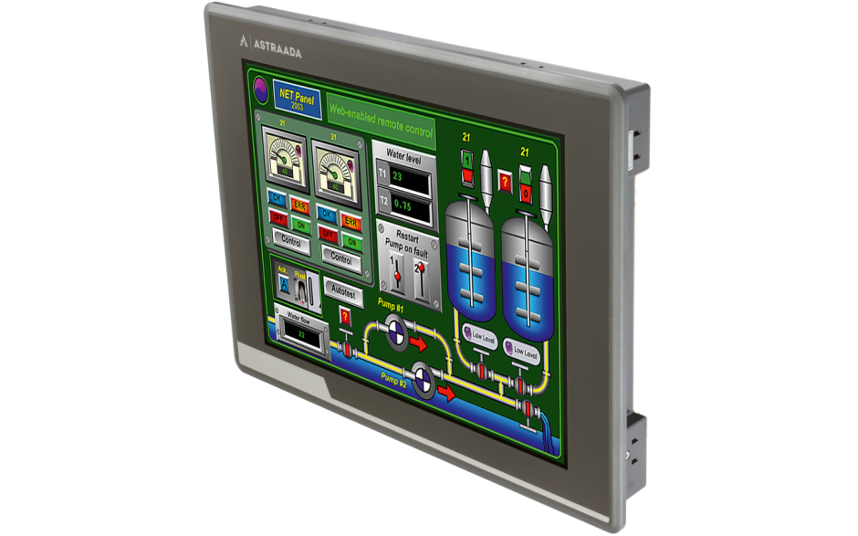 Dotykowy panel operatorski Astraada HMI, matryca TFT 12” (1024x768, 65k), RS232/422/485, RS422/485, RS232, USB Client/Host, Ethernet, MicroSD, -20~60C 5