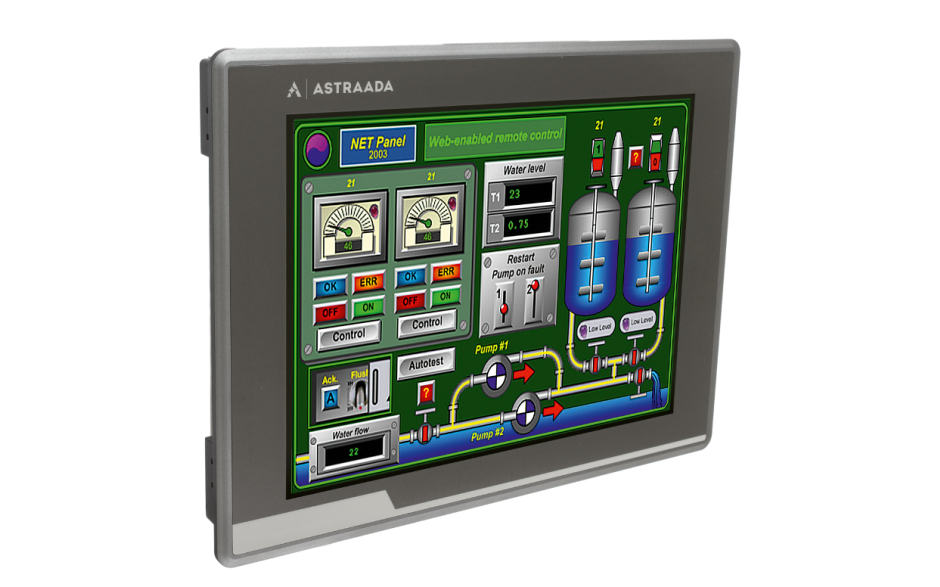 Dotykowy panel operatorski Astraada HMI, matryca TFT 12” (1024x768, 65k), RS232/422/485, RS422/485, RS232, USB Client/Host, Ethernet, MicroSD, -20~60C 6