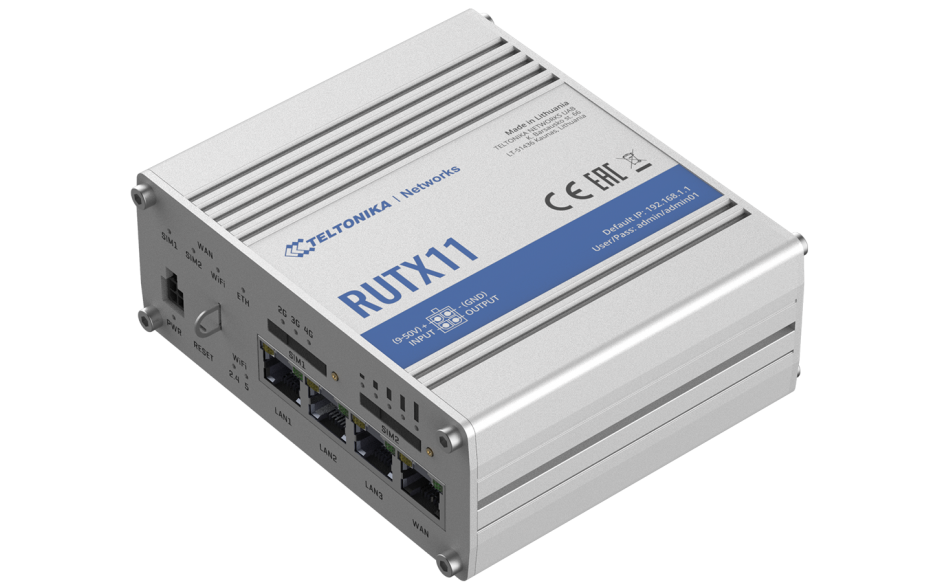 RUTX11 - Router przemysłowy 4G (LTE); Ethernet; 256 MB RAM; DUAL SIM; Bluetooth; SMS; IPSec; openVPN; WiFi; montaż na szynie DIN 2