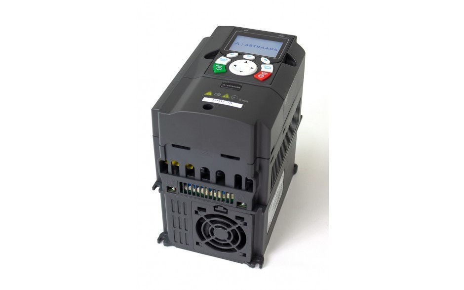 DRV-28 frequency inverter: 5.5/7.5 kW, 3x400V power supply, vector control, STO, EMC filter, LCD operator panel, expansion module support, vent-pump functions, fire-mode, 30 months warranty. 3